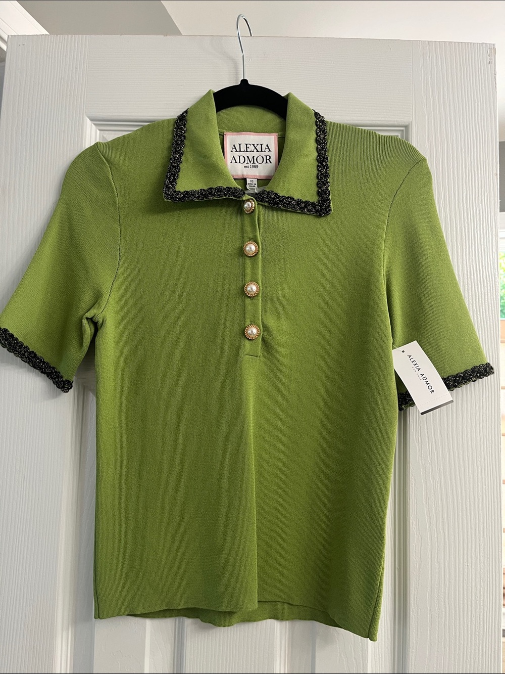 Alexia Admor Sage Green Short-Sleeve Polo with Black Trim